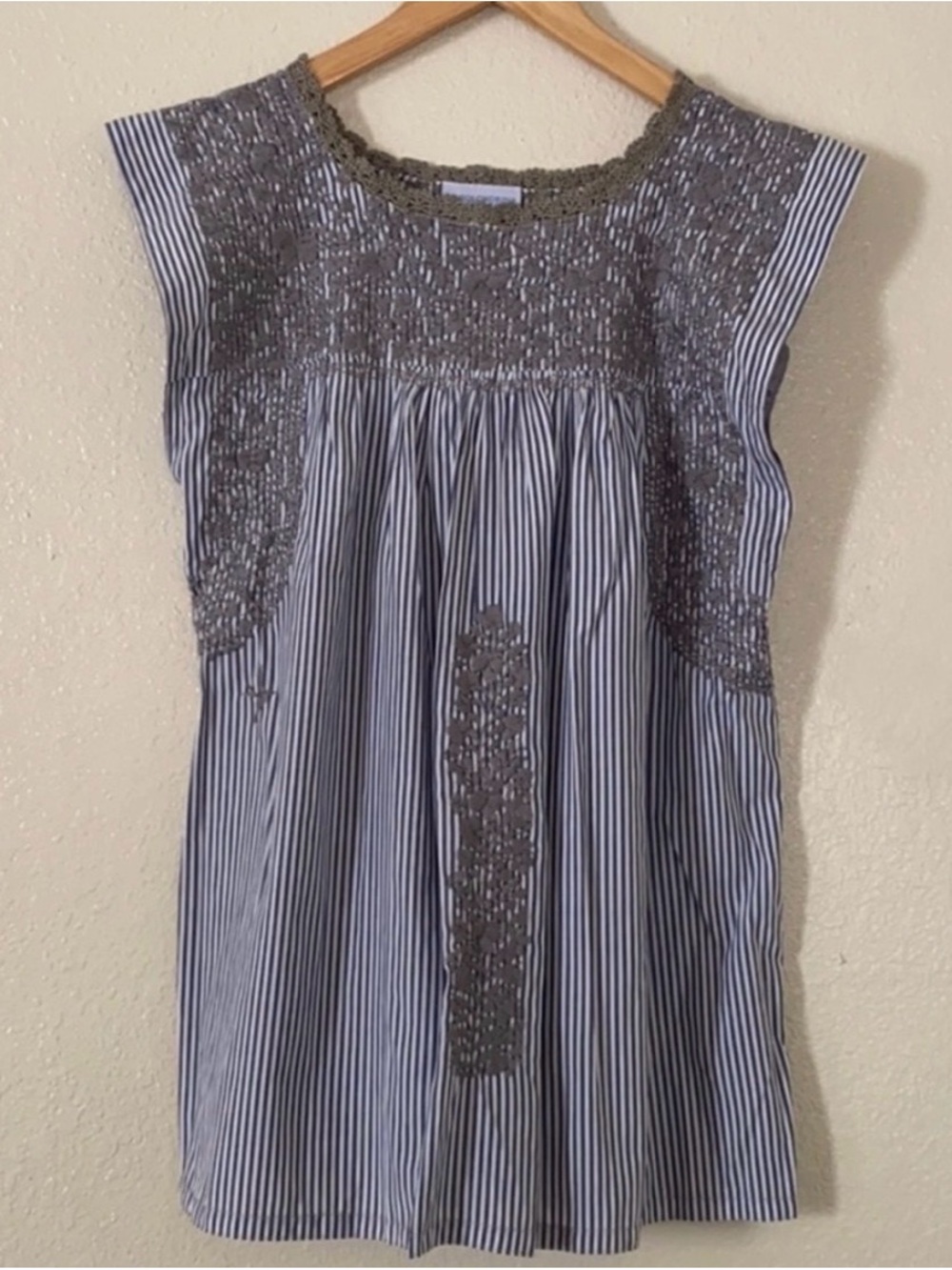 Mi Golondrina Blue/Gray Pinstripe Embroidered Sleeveless Flores Top